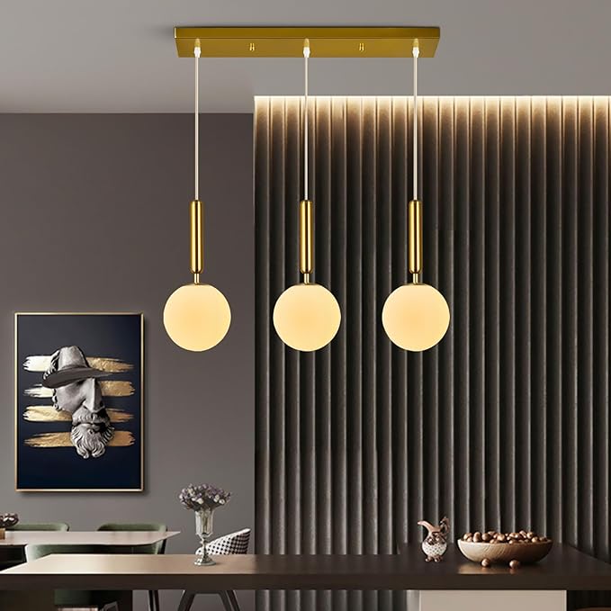 Modern Gold Pendant Light Hanging Fixture Light for Kitchen Island Mid Century with Globe Pendant Light Milk White Glass Pendant Lighting for Living Room Bedroom Entryway (3-Light)