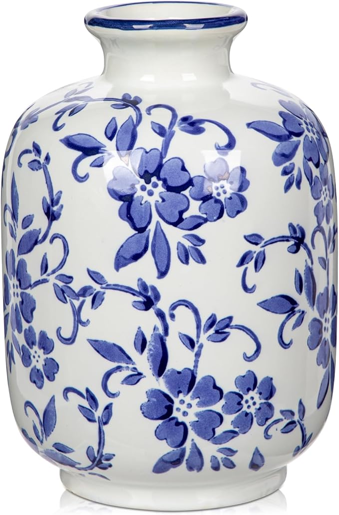 Hollyone Blue and White Porcelain Vase Large Chinoiserie Floral Vintage Tall Blue Ceramic Vases for Home Mantle Shelf Living Room Table Centerpieces Decor, 7.3 Inch