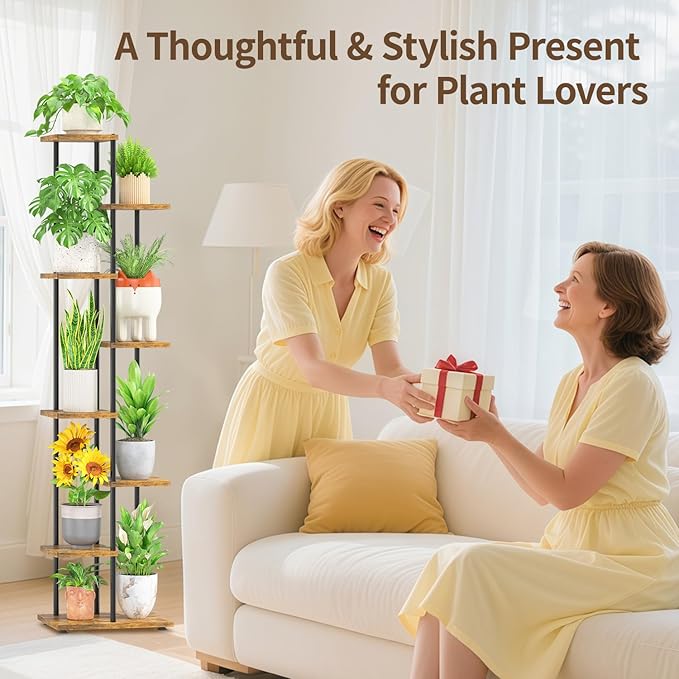 LASZOLA Black 7 Tiered Wood Plant Stand Indoor for Larger Heavy Duty Planter, Sturdy Multi Level Vertical Flowers Racks for Narrow Inside Floor, Decorate Shelving for Hold House Tree, Space Saving