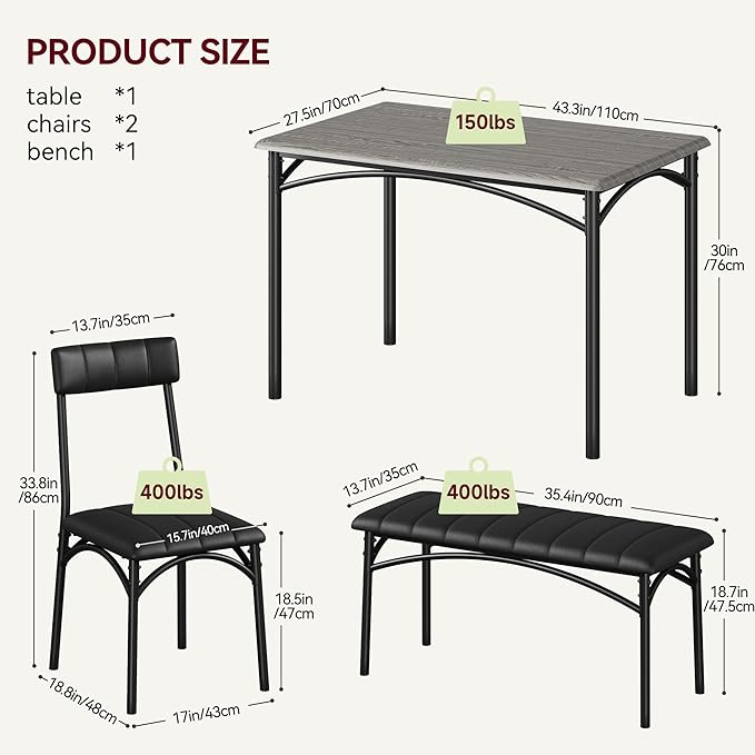 GAOMON Dining Table Set for 4, Kitchen Table with Upholstered Chairs and Bench, 4-Person Dining Room Table Set, Rectangular Kitchen Table Set for Small Space, Apartment, Home, Studio, Rustic Grey