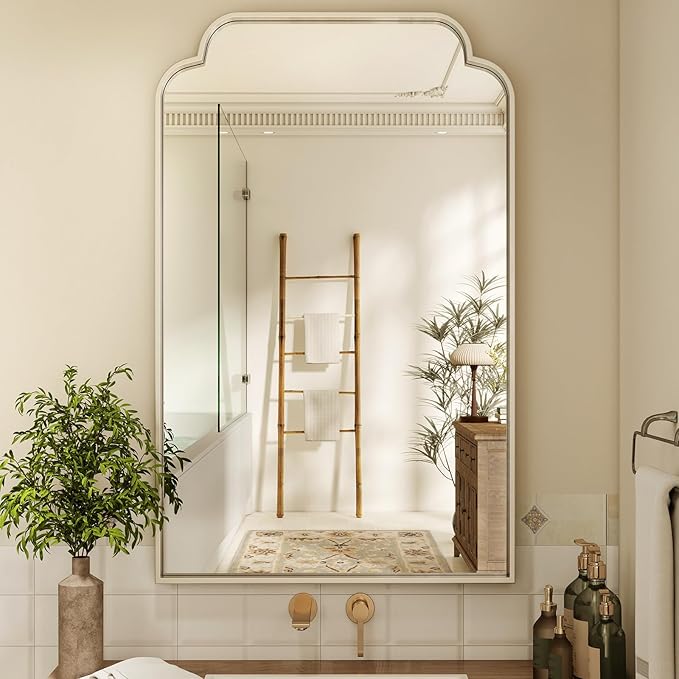 30" x 48" Silver Arch Bathroom Mirror, Wall Mounted Vanity Mirror with Metal Frame, Modern Decorative Scalloped Wall Mirror for Sink, Bedroom, Living Room, Entry, Farmhouse Home