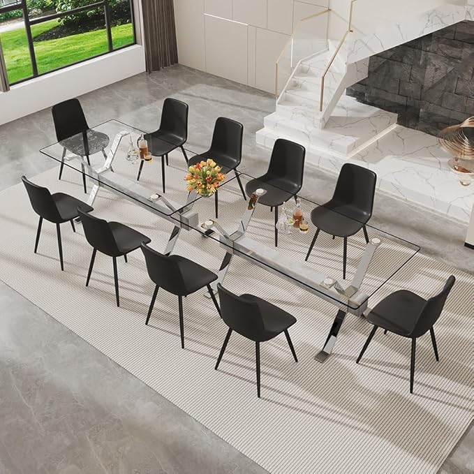 71'' Glass Dining Table Set for 8,9 Piece Dining Table Set with Tempered Glass Tabletop and Open‑Frame X‑Shaped Metal Base,Kitchen Table and Chairs Ideal for Dining Room&Home Office