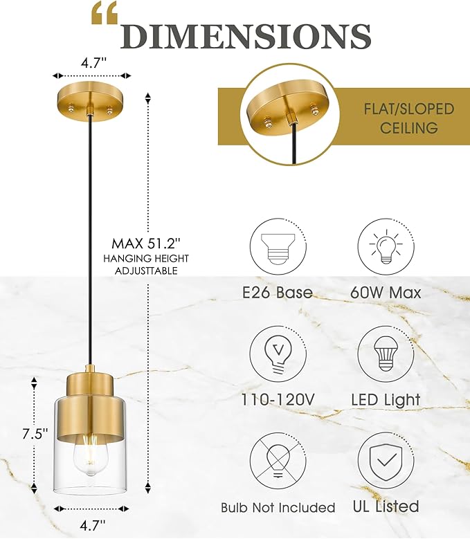2-Pack Pendant Lights Kitchen Island, Brushed Gold Dual Shade Hanging Lights Fixtures with Metal and Clear Glass, Brass Kitchen Pendant Lighting Over Island for Dining Room, AD-24022-1P2-GD