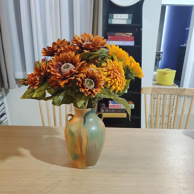 Terracotta Pottery - 10" Unique Decorative Farmhouse Vase with Handle, Green Glazed Earth Yellow Boho Neutral vase Home Decor, Vintage Ceramic Flower vases for Living Room, Kitchen Decor