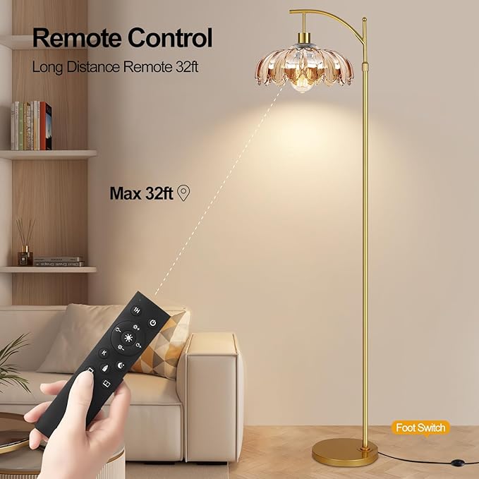 Gold Floor Lamp for Living Room,Bedroom,Mid Century Modern Standing Lamp with Remote,Dimmable Brass Tall Lamp Amber Glass Vintage Retro Arc Floor Lamps Flower Floor Light Boho Bohemian