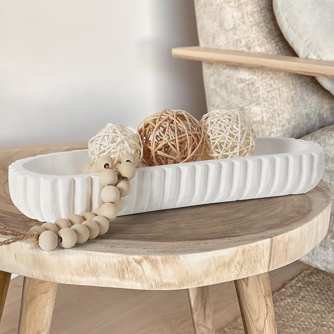 Oakrain Wooden Decorative Bowl, Dough Bowl for Home Decor, 16" Table Centerpiece Bowl with Hand Carved Vertical Stripes for Farmhouse Boho Rustic Style, White