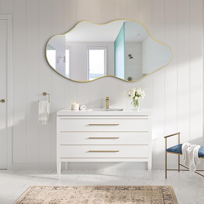 Large Irregular Mirror, Asymmetrical Wall Mirror, 52"x25.5" Gold Abstract Mirrors Decorative, Modern Frameless Wavy Shaped Mirrors for Dressing Living Room Bathroom Bedroom Hallway Entryway