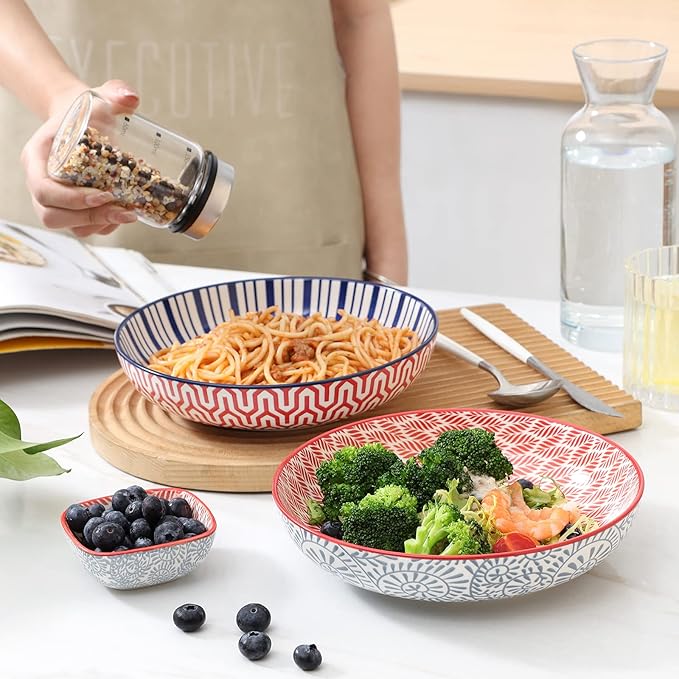 KitchenTour Pasta Bowls 26 Ounce, 8 inch Porcelain Ceramic Soup Dinner Salad Serving Bowls Set of 6, Dishwasher and Microwave Safe, Assorted Colors