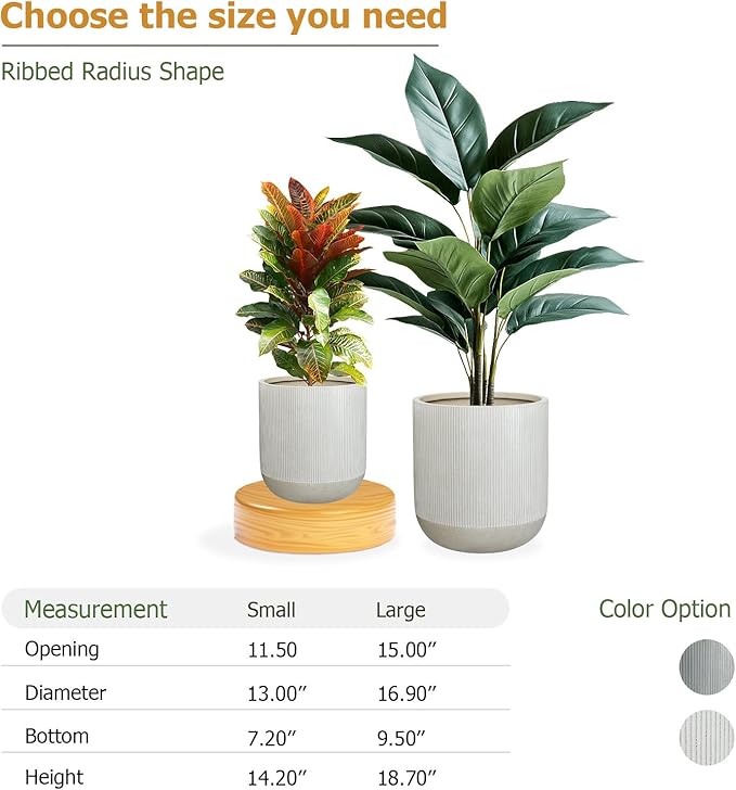 18.7" H x 16.9" D Ribbed Radius Fiberstone Round Planter with Drainage Hole, Weather Resistant for Indoor and Outdoor Use, Included 2 Extra Coco Mats (Frost Grey, 15" Pot Opening)