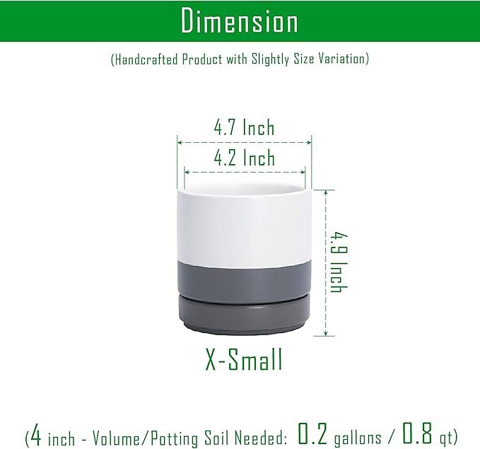 D'vine Dev Set of 4 Small Ceramic Plant Pots, 4.7 Inch Succulent Planter Pot for Plants with Drainage Hole and Saucer, White/Speckled Grey, 94-X-B-6