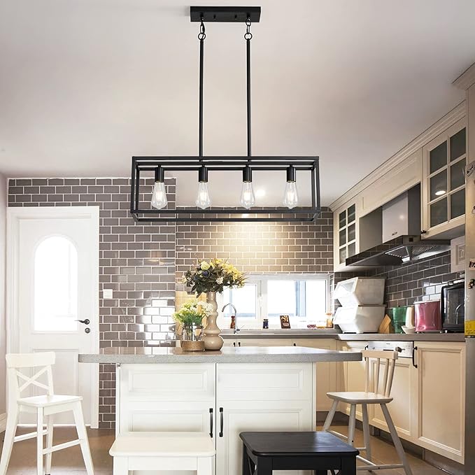 Black 4-Light Industrial Vintage Chandelier, Modern Linear Rectangular Cage Hanging Light Fixture for Farmhouse Kitchen, Dining Room, Bar, Living Room