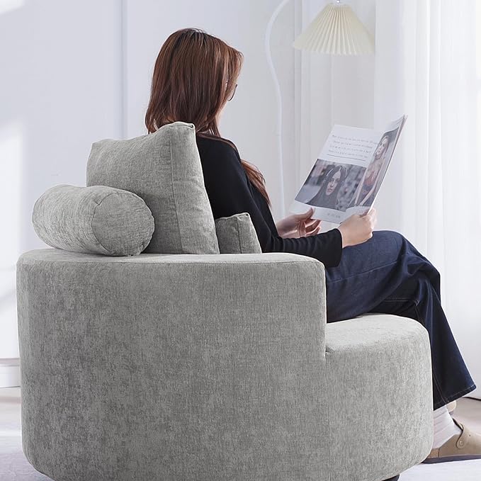 Furnimart Oversized Barrel Accent Chair, 360° Swivel Round Upholstered Sofa, Chenille High-Resilience Sponge, No Assembly Wide Seat for Living Room, Bedroom, Apartment(Gray)