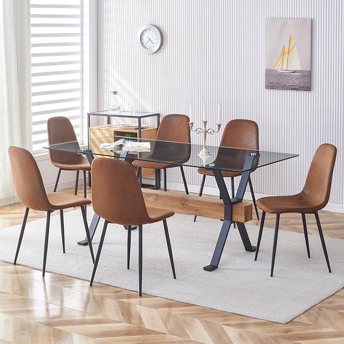 7 Piece Glass Dining Table Set, Kitchen Table Chairs Set for 6, 71'' Dining Table with 0.4" Tempered Glass Tabletop with Plated Metal Legs and MDF Crossbar, 6 Suede Chairs for Dining Room, Kitchen.