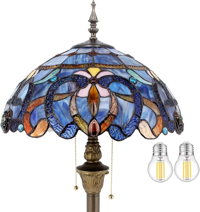WERFACTORY Tiffany Floor Lamp Blue Purple Cloudy Stained Glass Standing Reading Light 16X16X64 Inches Antique Pole Corner Lamp Decor Bedroom Living Room Home Office S558 Series