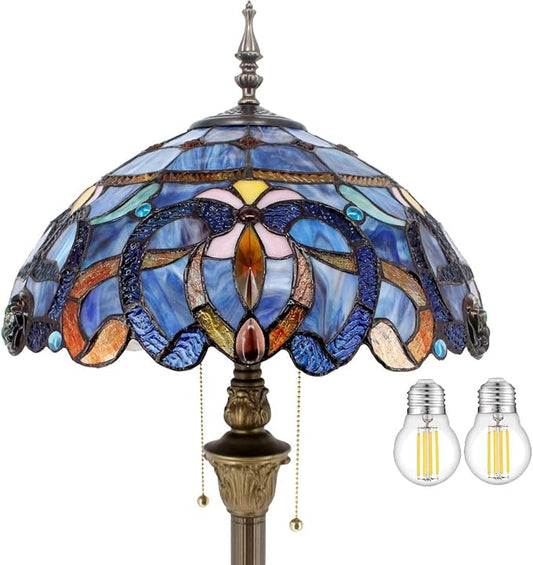 WERFACTORY Tiffany Floor Lamp Blue Purple Cloudy Stained Glass Standing Reading Light 16X16X64 Inches Antique Pole Corner Lamp Decor Bedroom Living Room Home Office S558 Series