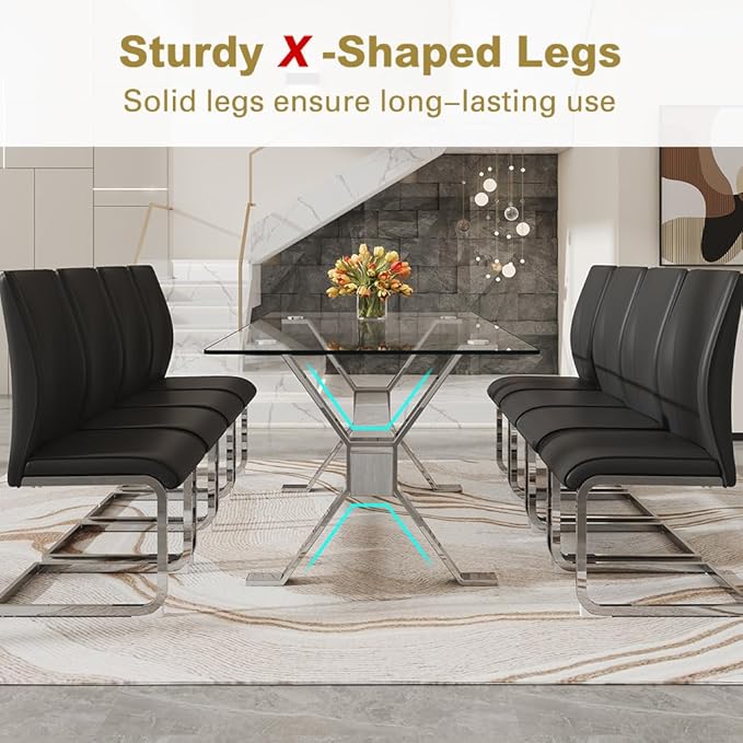 71'' Glass Dining Table Set for 8,9 Piece Dining Table Set with Tempered Glass Tabletop and Open‑Frame X‑Shaped Metal Base,Kitchen Table and Chairs Ideal for Dining Room&Home Office