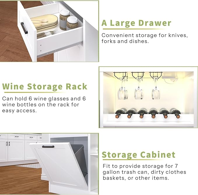 67.3" Tall Modern Kitchen Pantry Storage Cabinet with Drawer and Shelves, Tilt Out Trash Can, Coffee Bar Wine Cabinet with LED Lights and Power Outlet, Wine Glass Rack, 2 Mesh Doors (White)