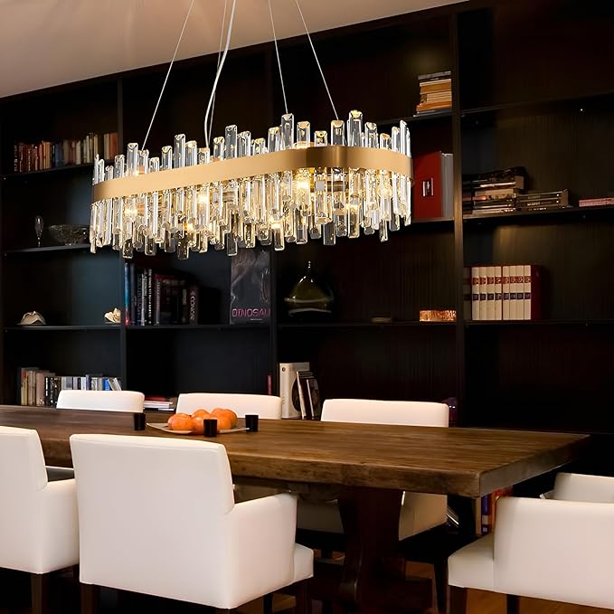 Rectangle Crystal Chandeliers, L35.4 inch 16-Light Brass Gold Chandelier Lighting Fixture, Height Adjustable Rectangular Oval Light for Dining Room Kitchen Island