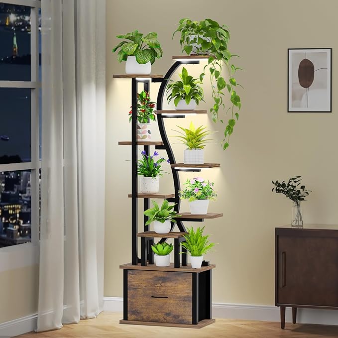 Plant Stand Indoor with Grow Lights - 9 Tiered Plant Shelf Indoor with Drawer, 65" Corner Plant Stand for Indoor Plants, Lighted Large Plant Stands, Flower Rack Display for Living Room, Garden, Patio