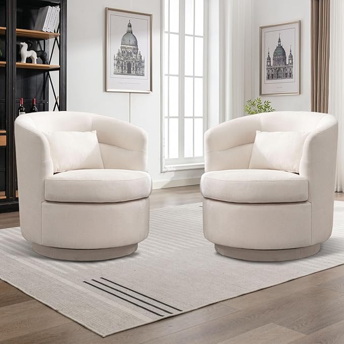 CANMOV Swivel Barrel Accent Arm Chairs, Modern Round Upholstered Comfy 360 Degree Swivel Single Circle Club Sofa Chair Set of 2 for Living Room Bedroom, (Beige*2)