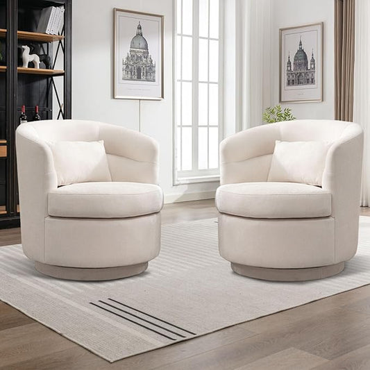 CANMOV Swivel Barrel Accent Arm Chairs, Modern Round Upholstered Comfy 360 Degree Swivel Single Circle Club Sofa Chair Set of 2 for Living Room Bedroom, (Beige*2)