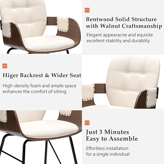 Set of 2 Mid Century Modern Dining Chairs - Mcm Dining Chairs with Upholstered Seat, Cushion Arm, High Back, Metal Legs, Faux Leather, Ideal for Kitchen/Living Room/Dining Room (Modern Beige)