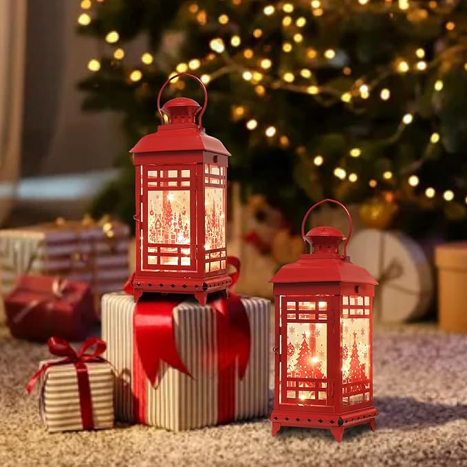 DECORKEY Christmas Decorations Outdoor&Indoor, 2PCS Red Decorative Candle Lanterns with Christmas Tree & Gift Box Patterns for Home Porch Centerpiece Table Decor Gift