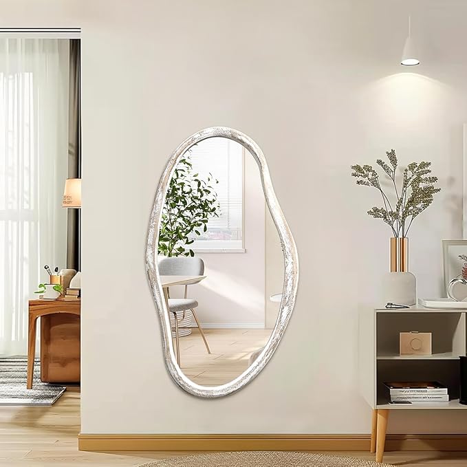 JJUUYOU Asymmetrical Mirror Modern Irregular 36"x24" Wall Mounted Mirror with Wooden Frame for Bathroom Bedroom Living Room Hallway Large Mirrors White