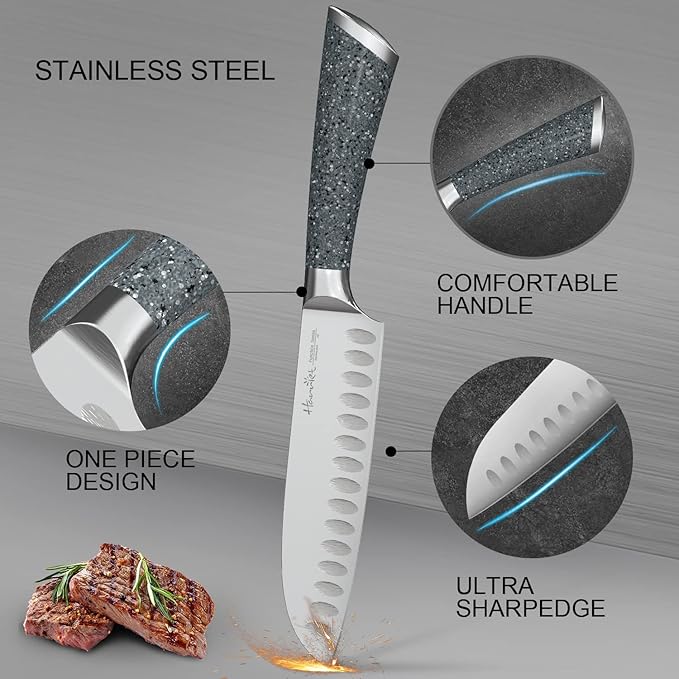 Harriet 13-Piece Knife Block Set with Sharpener | German Stainless Steel, Rustproof & Non-Stick | Includes Chef, Santoku, Bread & Steak Knives | Marble Finish Block