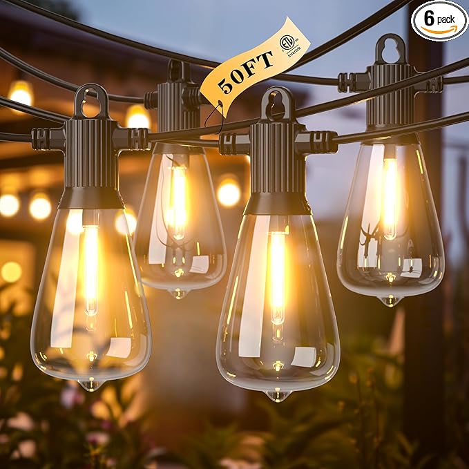 Kawaya 50FT Outdoor String Lights - Outside LED Patio Light with 25+2 Shatterproof Vintage Edison Bulbs - 2700K Dimmable IP65 Waterproof Hanging Lighting for Yard Porch Deck Balcony Bistro Cafe Party