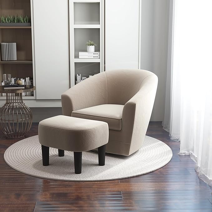 INZOY Swivel Accent Chair with Ottoman for Small Space, 360 Degree Club Chair with Ottoman Set, Comfy Fabric Barrel Reading Chairs for Living Room Bedroom, Beige