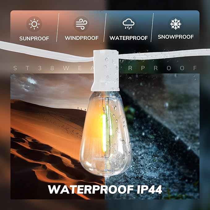 Achin Outdoor String Lights White 100Ft LED Patio Lights Outdoor Waterproof with 50+2 Shatterproof ST38 Bulbs 2200K Dimmable String Lights for Outside Backyard Party Wedding, White Cord