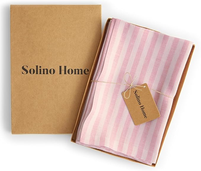 Solino Home Linen Napkins Set of 4-100% Pure Linen Amalfi Stripe Cherry Blossom and White Cloth Dinner Napkins 20 x 20 Inch - Handcrafted and Machine Washable