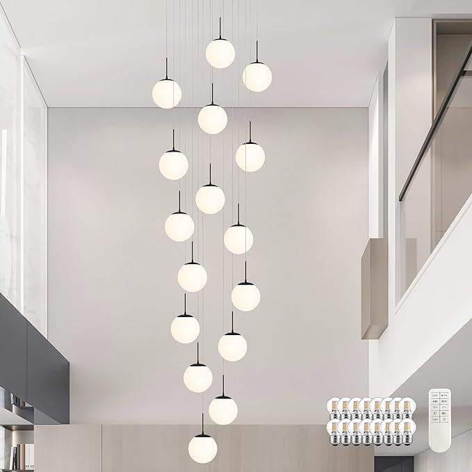 KoKo&Yukina 16-Light Black Mid Century Modern Chandelier for Living Room Staircase Chandelier for Entryway Globe Milky White Glass Pendant Light High Ceiling Chandeliers Foyer (Bulb & Remote Incl.)