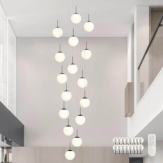 KoKo&Yukina 16-Light Black Mid Century Modern Chandelier for Living Room Staircase Chandelier for Entryway Globe Milky White Glass Pendant Light High Ceiling Chandeliers Foyer (Bulb & Remote Incl.)