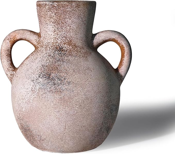 Ceramic Flower Vase,7.3 inch Tall Farmhouse Rustic Vase, Handcrafted Weathered Pottery Vases, Small Flower Terracotta Vases for Home Decor, Living Room Farmhouse Table Shelf Entrance (Terracotta)