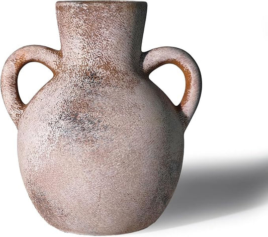 Ceramic Flower Vase,7.3 inch Tall Farmhouse Rustic Vase, Handcrafted Weathered Pottery Vases, Small Flower Terracotta Vases for Home Decor, Living Room Farmhouse Table Shelf Entrance (Terracotta)