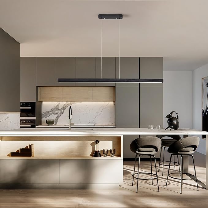55 Inch LED Linear Pendant Light Black Wood LED Kitchen Island Lighting Dimmable Ceiling Hanging Chandeliers for Dining Room Living Room Bar Pool Table 36W Modern Farmhouse Fixture Black Wood Finish