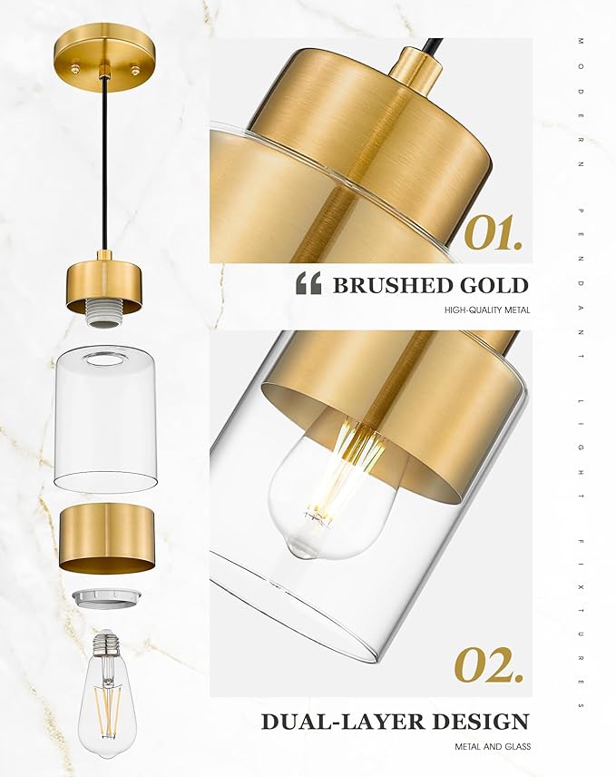 Gold Pendant Lights Kitchen Island, Dual Shade Hanging Lights Fixtures with Metal and Clear Glass, Modern Brass Kitchen Pendant Lighting Over Island for Dining Room, AD-24022-1P-GD