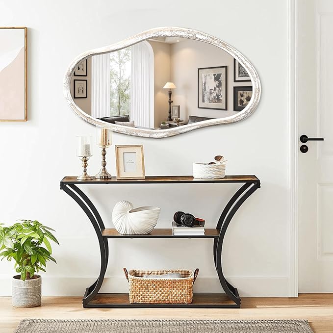 JJUUYOU Asymmetrical Mirror Modern Irregular 36"x24" Wall Mounted Mirror with Wooden Frame for Bathroom Bedroom Living Room Hallway Large Mirrors White