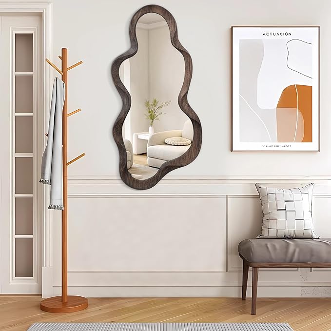 Asymmetrical Cloud Mirror - Irregular Wood Frame, Modern Artistic Wall Mirror, Decorative for Bathroom, Living Room, Bedroom, Entryway & Hallway - 90x50cm