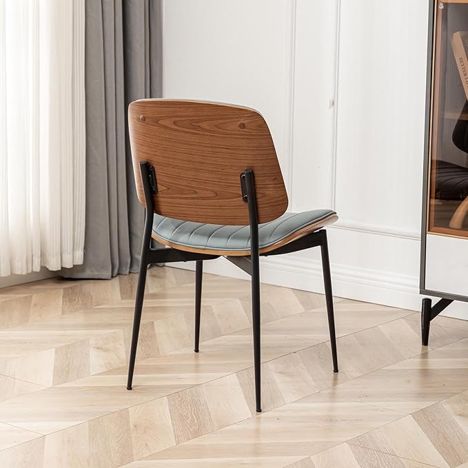 LUNLING Dining Chairs Set of 2,Mid Century Modern Retro Faux Leather Chair with Walnut Bentwood Upholstered Seat Metal Legs Adjustable Foot for Kitchen Dining Room Chairs(Blue)