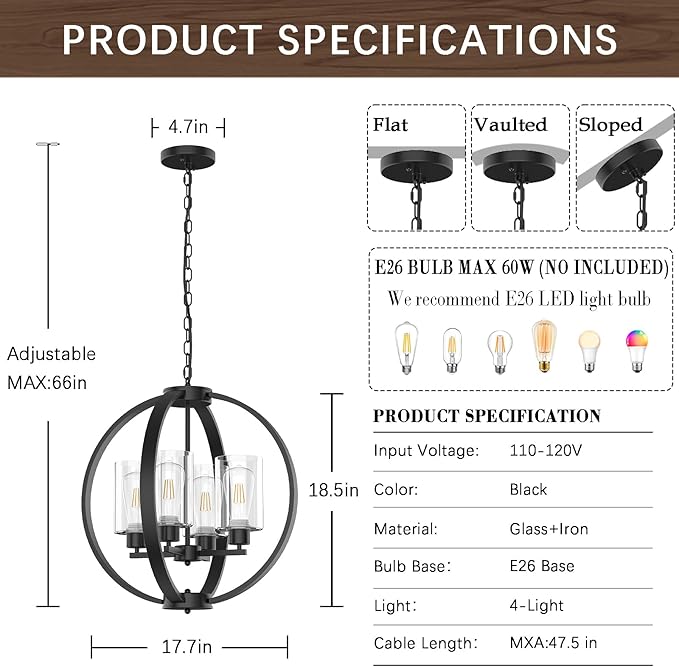 4-Light Black Chandelier Light Fixture, 18in Farmhouse Dining Room Chandeliers with Glass Shade Globe Lighting Fixtures Modern Pendant Lamp for Kitchen Island Entrance Foyer Living Room