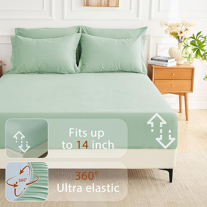 MUXHOMO 7 Pieces Queen Comforter Set, Soft Bed in a Bag Queen Size, All Season Bedding Set with Comforter, Flat Sheet, Fitted Sheet, Pillowcases & Shams, Sage Green