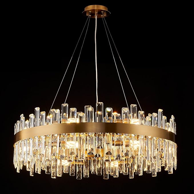 Round Crystal Chandeliers, D31.5 inch 16-Light Brass Gold Chandelier Lighting Fixture, Height Adjustable Pendant Ceiling Light for Living Room Dining Room Bedroom