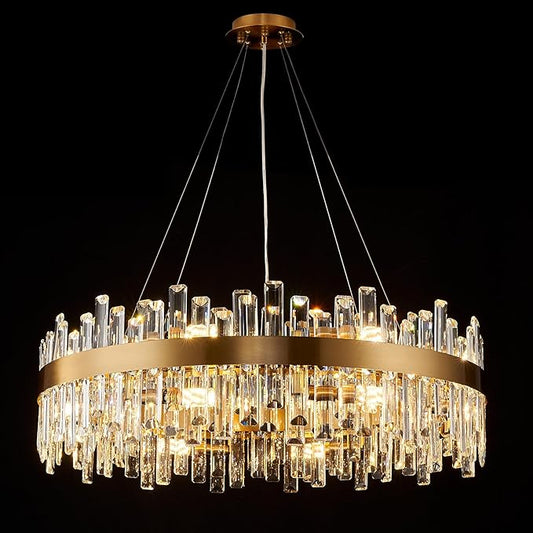 Round Crystal Chandeliers, D31.5 inch 16-Light Brass Gold Chandelier Lighting Fixture, Height Adjustable Pendant Ceiling Light for Living Room Dining Room Bedroom