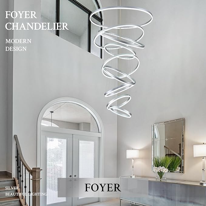 9-Rings D39.4’’ Modern LED Chandelier Silver Dimmable High Ceiling Foyer Chandeliers Entryway with Remote Control for Staircase Entryway Living Room Foyer, 3000K-6500K