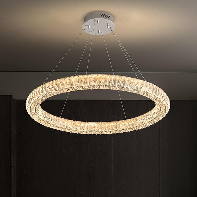 Modern 39.4" LED Ring Crystal Chandelier Adjustable Round Chrome Crystal Chandelier Dining Room Living Room Dimmable 3000K-6000K
