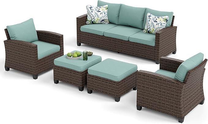 Patio Furniture Set, 5 Pcs Wicker Rattan Outdoor Conversation Set, 2 x Leg Chairs, 1 x 3 Seater Sofa and 2 x Ottoman with 4" Thick Cushion for Garden Backyard Deck, Blue