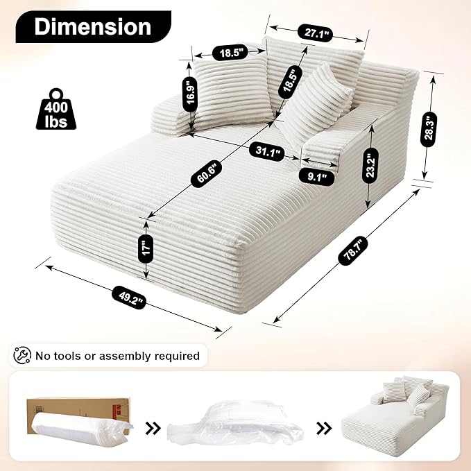 Boneless Couch Sofa Chiar Chaise Lounge Chair Indoor Upholstered Corduroy Couch Cloud Sleeper Sofa Oversized Reading Chair for Living Room No Assembly Required (White, 50" W x 80" D)